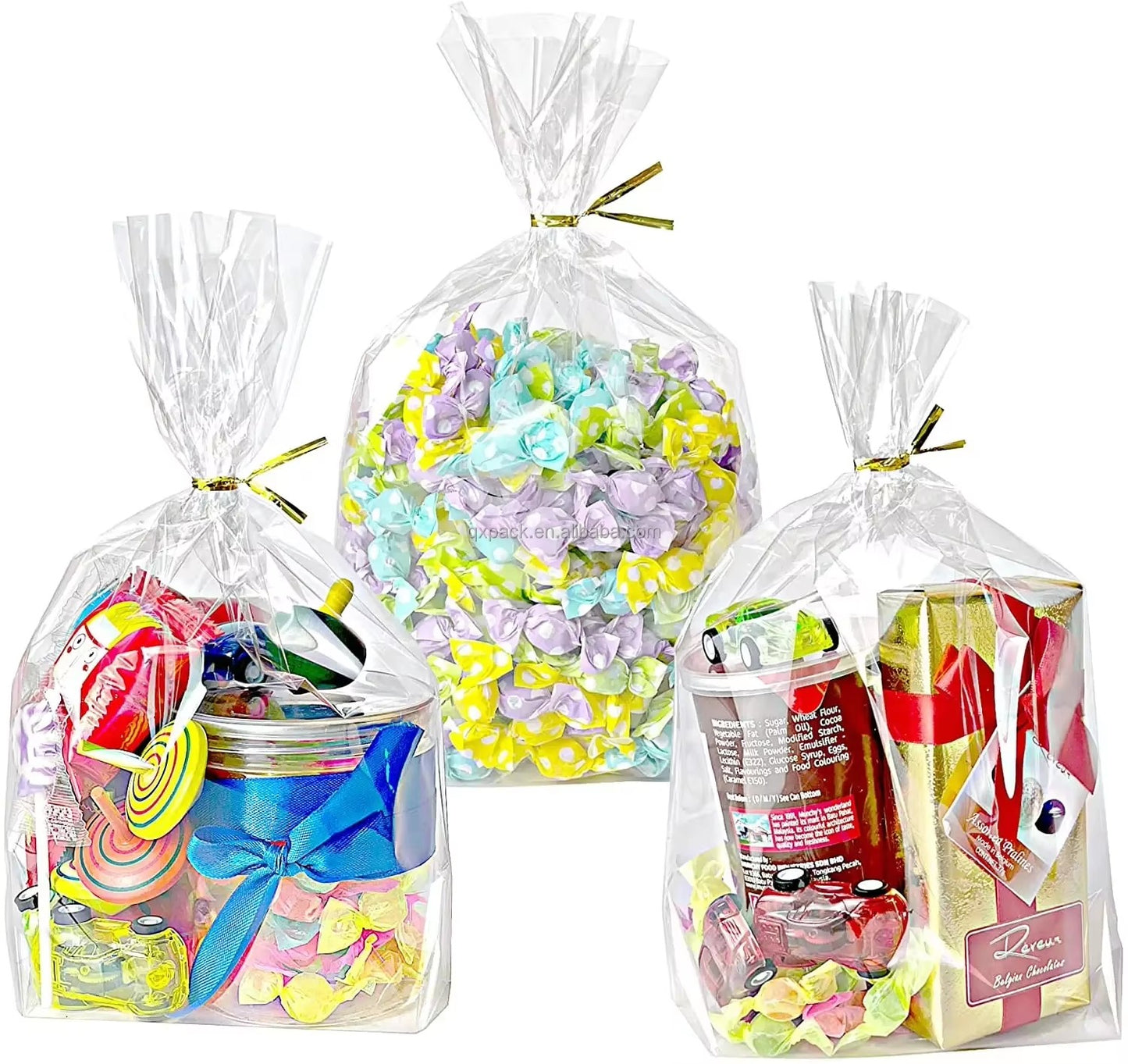 100-Piece Bottom Triangle Clear BOPP Plastic Side Gusset Snack Bag 100 Twist Ties Microwaveable Roll Packing Party Gifts Bread